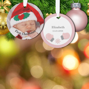 Baby First Christmas Pink Mittens Photo Ornament