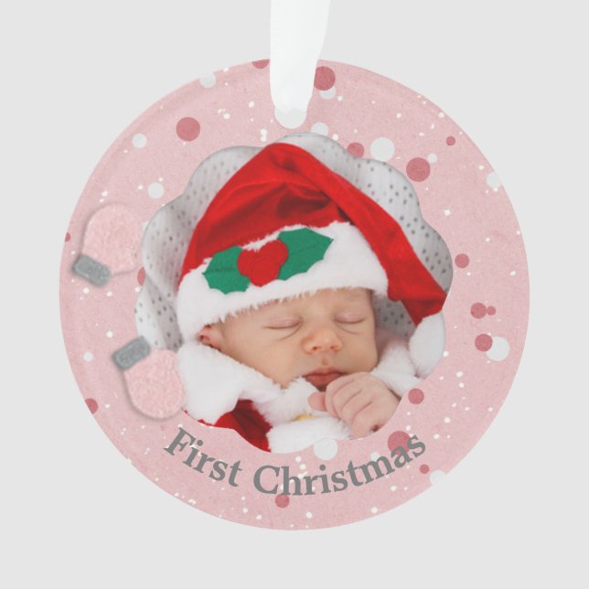Baby First Christmas Pink Mittens Photo Ornament (Front)