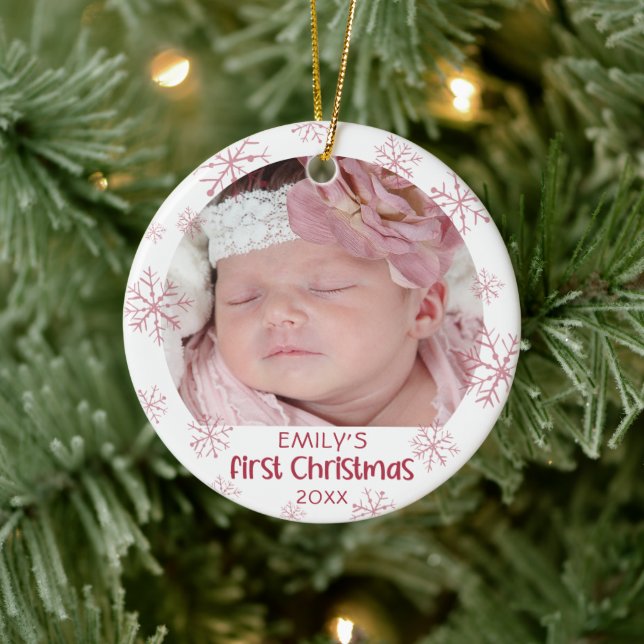 Baby First Christmas Pink Snowflake Girl Name Ceramic Tree Decoration (Tree)