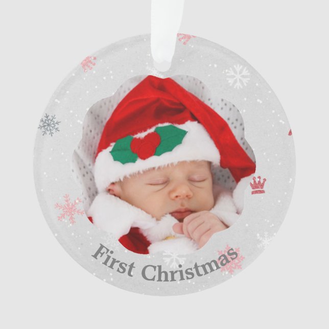 Baby First Christmas Pink Snowflakes Photo Ornament (Front)