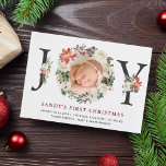 Baby First Christmas Poinsettia Ivory Floral Photo Holiday Card<br><div class="desc">Sending a Baby Birth Announcement with this "JOY Typography Poinsettia Floral Photo Holiday Card". It's easy to personalise to be uniquely yours. (1) For further customisation, please click the "customise further" link and use our design tool to modify this template. (2) If you prefer Thicker papers / Matte Finish, you...</div>