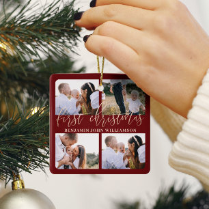 Baby First Christmas Red Gold Script Four Photo Ceramic Ornament