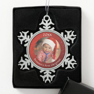 Baby First Christmas Red Photo Snowflake  Snowflake Pewter Christmas Ornament