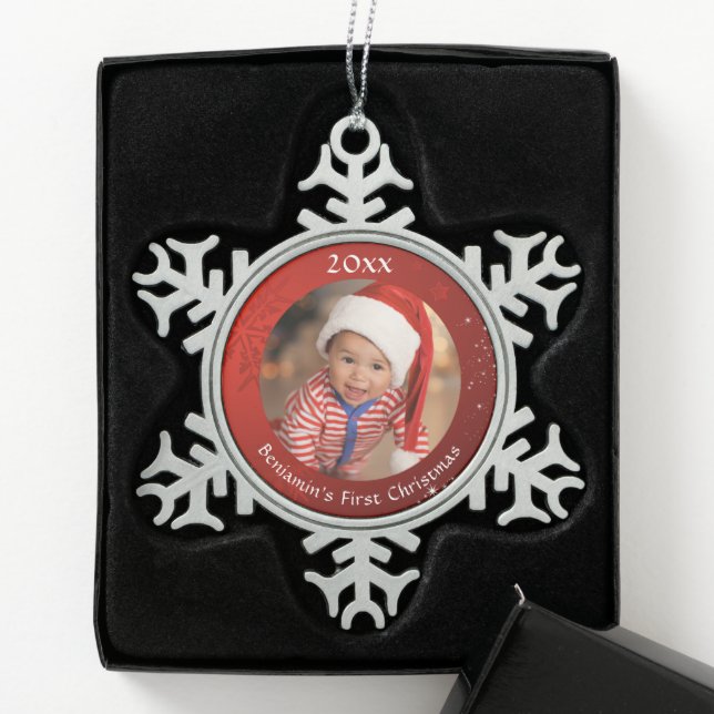 Baby First Christmas Red Photo Snowflake  Snowflake Pewter Christmas Ornament (Box)