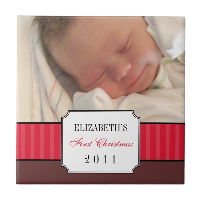 Baby first christmas red ribbon stripe keepsake tile (Front)