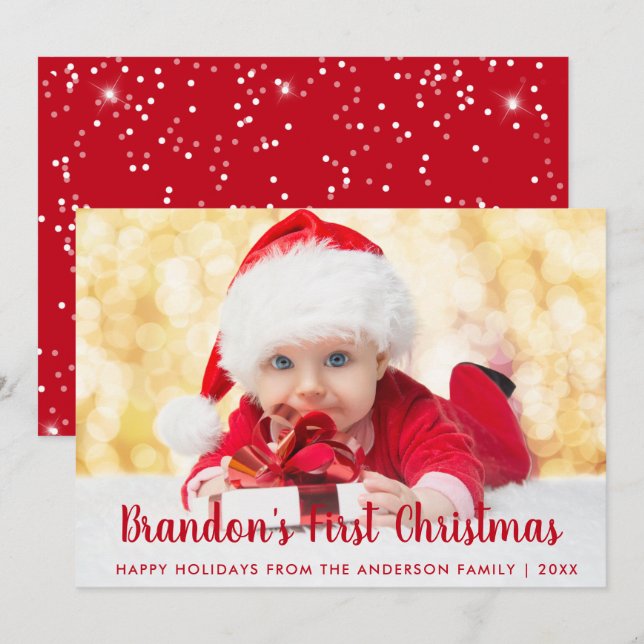 Baby First Christmas Red Script Photo Card RS (Front/Back)