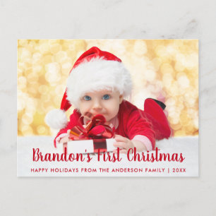 Baby First Christmas Red Script Photo Postcard