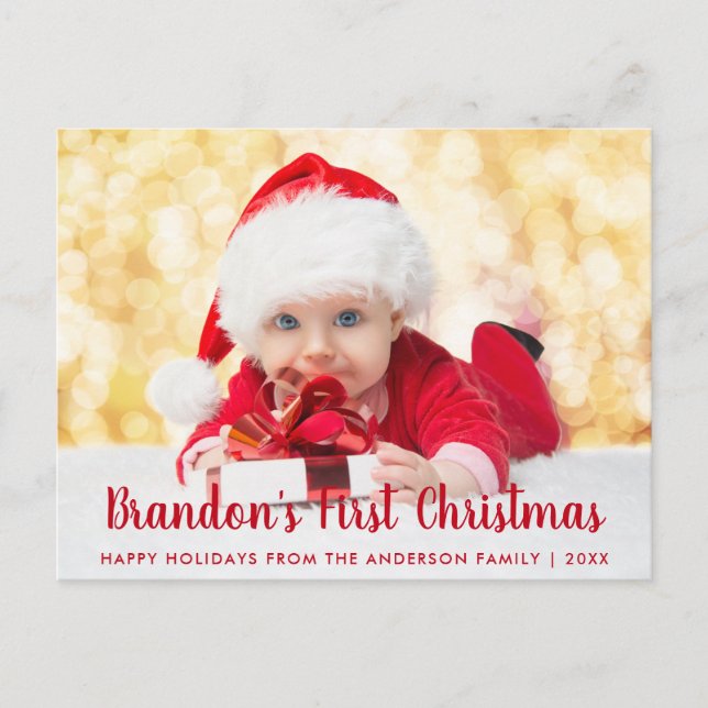 Baby First Christmas Red Script Photo Postcard (Front)