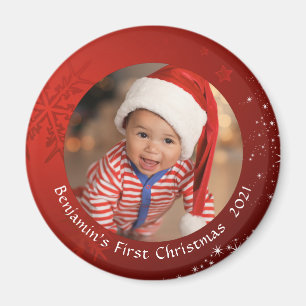Baby First Christmas Red Snowflake Photo Keepsake Magnet
