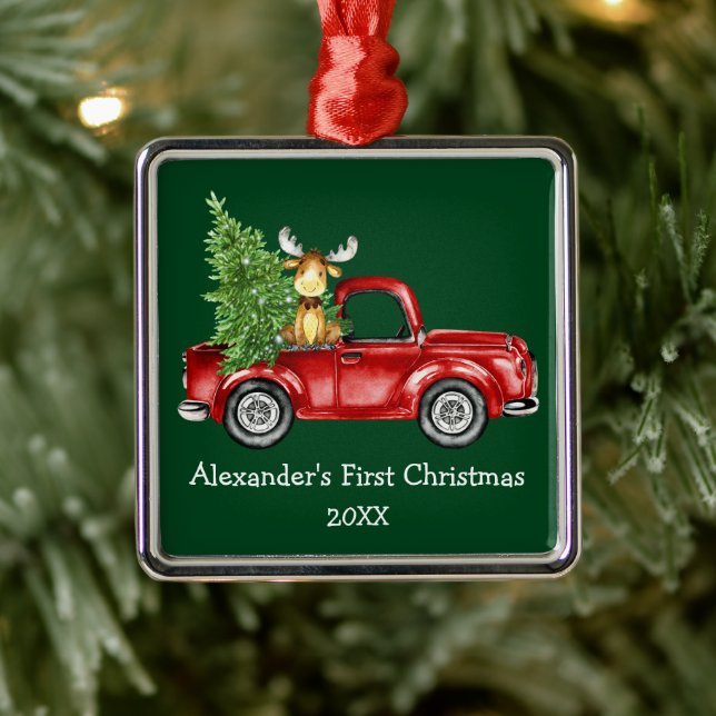 Baby First Christmas Red Truck Moose Green Metal Tree Decoration (Tree)