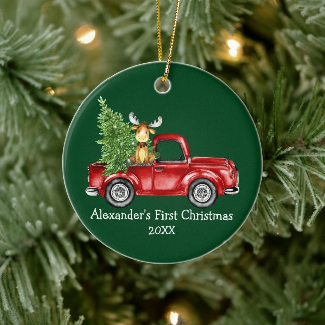 Baby First Christmas Red Truck Moose Green Round Ceramic Tree Decoration (Tree)