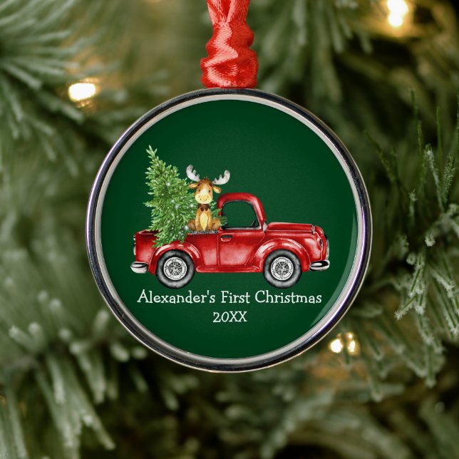 Baby First Christmas Red Truck Moose Green Round Metal Tree Decoration (Tree)