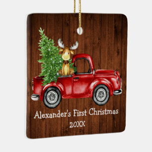 Baby First Christmas Red Truck Moose PHOTO BACK Ceramic Ornament