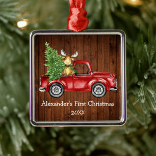 Baby First Christmas Red Truck Moose Rustic Metal Tree Decoration