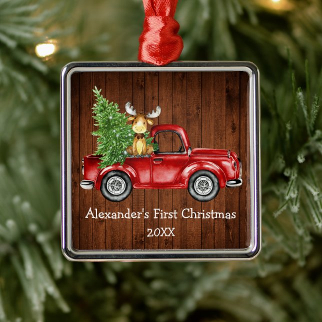 Baby First Christmas Red Truck Moose Rustic Metal Tree Decoration (Tree)