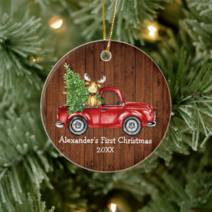 Baby First Christmas Red Truck Moose Rustic Round Ceramic Tree Decoration