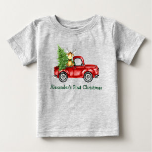 Baby First Christmas Red Truck Tree Moose Grey Baby T-Shirt