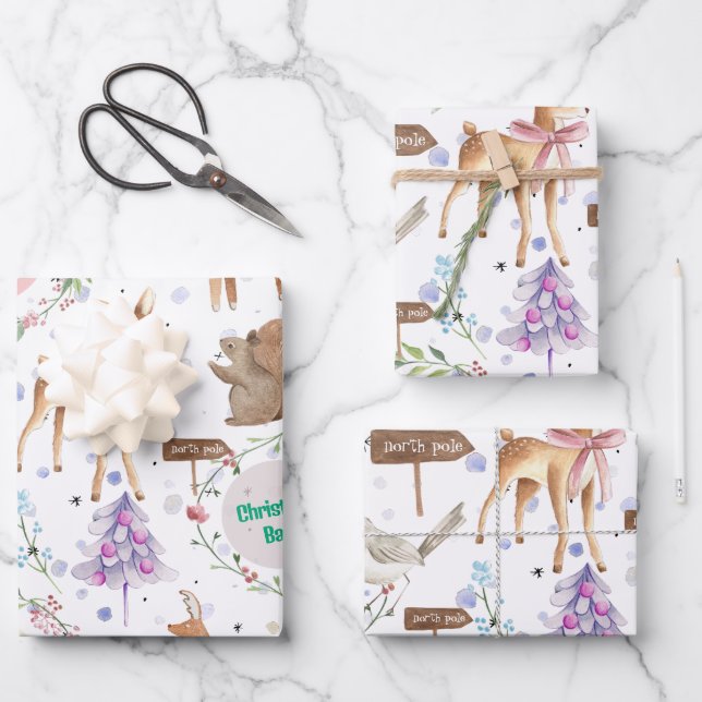 Baby First Christmas Reindeer Add Baby Name Wrapping Paper Sheet (Front)