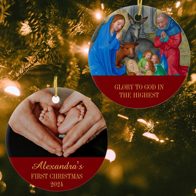 Baby First Christmas Religious Christian Nativity Ceramic Tree Decoration (Baby First Christmas Religious Christian Catholic Medieval Nativity Scene Holiday Ceramic Ornament)