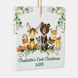 Baby First Christmas Rustic Animals Greenery PHOTO Ceramic Ornament