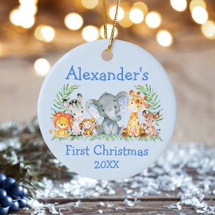Baby First Christmas Safari Animals Blue  Ceramic Tree Decoration
