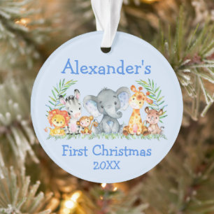 Baby First Christmas Safari Animals Blue Ornament
