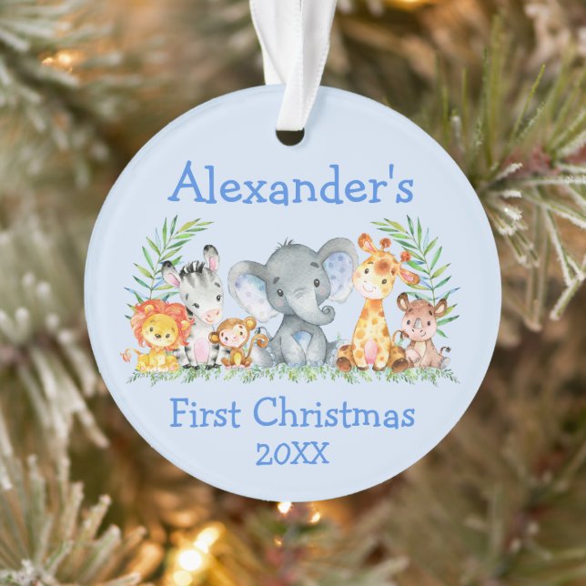Baby First Christmas Safari Animals Blue Ornament (Tree)