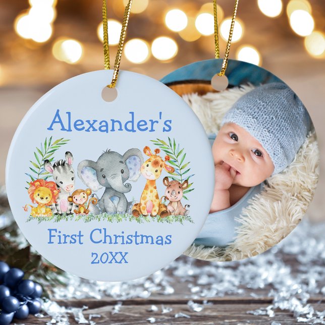 Baby First Christmas Safari Animals Blue PHOTO Ceramic Tree Decoration (Customize with name, year and photo on back.)