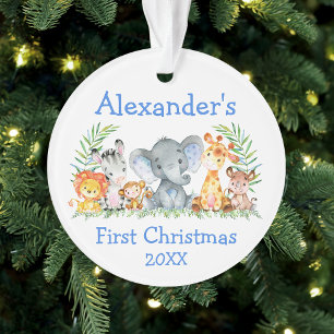 Baby First Christmas Safari Animals Blue Round Ornament