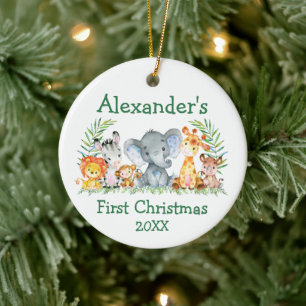 Baby First Christmas Safari Animals Green Round Ceramic Tree Decoration