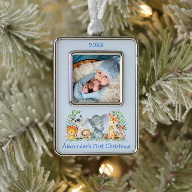 Baby First Christmas Safari Animals Photo Blue Silver Plated Framed Ornament (Tree)