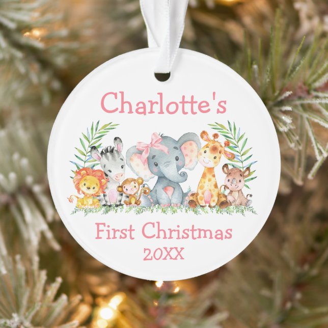 Baby First Christmas Safari Animals Pink Bow Ornament (Tree)