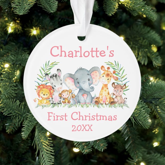 Baby First Christmas Safari Animals Pink Round Ornament (Customize with name and year.)