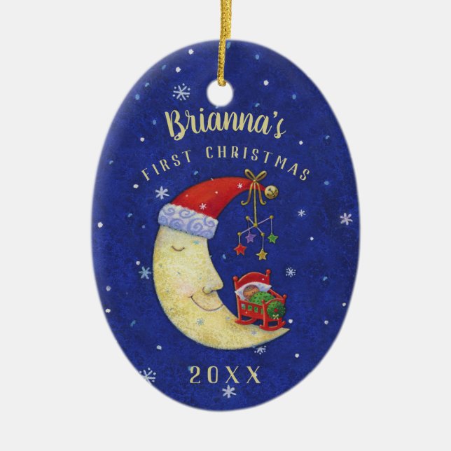 Baby First Christmas Santa Moon Monogram Name Ceramic Tree Decoration (Front)