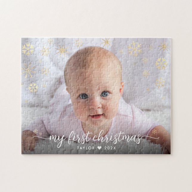 Baby First Christmas Script Gold Snowflake Photo Jigsaw Puzzle (Horizontal)