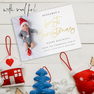 Baby First Christmas Script Photo Overlay Foil Holiday Card