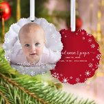 Baby First Christmas Snowflake Grandparents Script Tree Decoration Card<br><div class="desc">“My first Christmas.” A playful visual of white snowflakes and handwritten script typography with customised name and year, overlaying the photo of your choice, help you usher in Christmas and New Year. On the back, additional white snowflakes and handwritten typography with “proud nana & papa” & customisable baby stats overlay...</div>