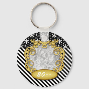 Baby First Christmas Snowflake Stripe Black White Key Ring