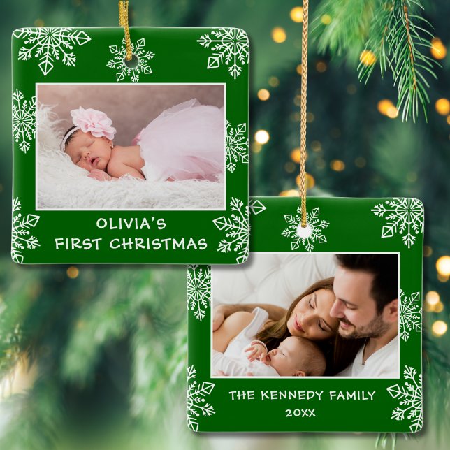 Baby First Christmas Snowflakes 2 Photo Green Ceramic Ornament (Creator Uploaded)