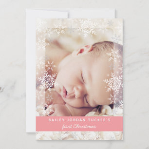 Baby First Christmas Snowflakes Pink Photo Birth Announcement