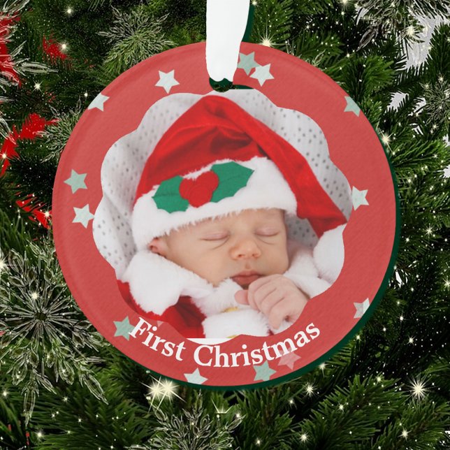 Baby First Christmas Stars on Red Photo Ornament (Creator Uploaded)