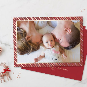 Baby First Christmas Stripe Frame Photo Rose Gold Foil Holiday Card