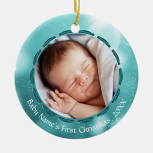 Baby First Christmas Teal Bokeh Personalised Photo Ceramic Tree Decoration