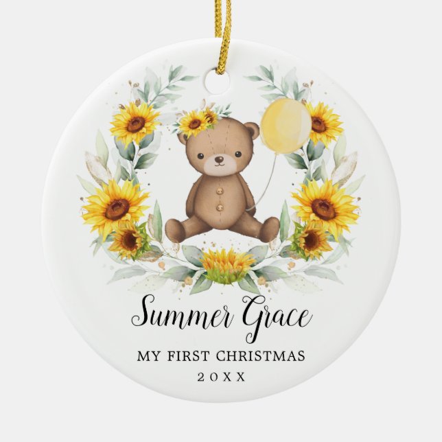 Baby First Christmas Teddy Bear Sunflower Wreath Ceramic Tree Decoration (Front)