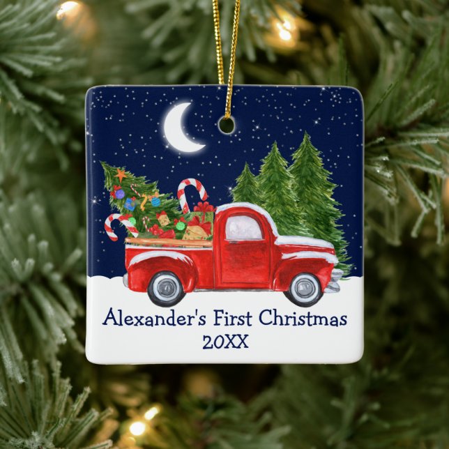 Baby First Christmas Truck Forest Stars Sky Ceramic Ornament (Tree)