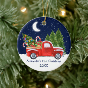 Baby First Christmas Truck Forest Stars Sky Round Ceramic Tree Decoration