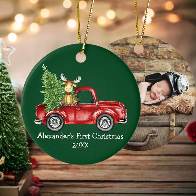 Baby First Christmas Truck Moose PHOTO BACK Green Ceramic Tree Decoration (Customize with name, year and photo on back.)