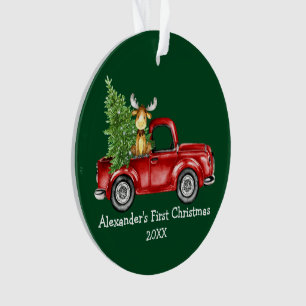 Baby First Christmas Truck Moose PHOTO BACK Green Ornament