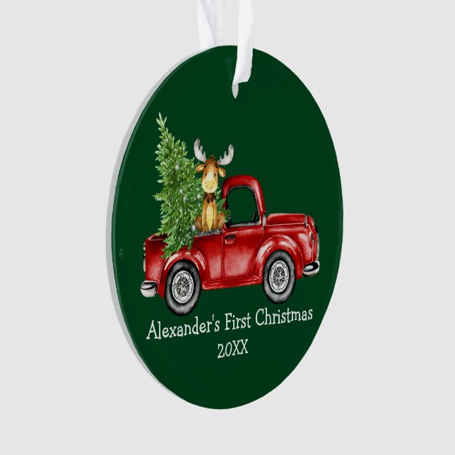Baby First Christmas Truck Moose PHOTO BACK Green Ornament (Front)