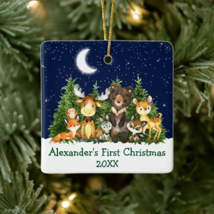 Baby First Christmas Watercolor Forest Animals Ceramic Ornament